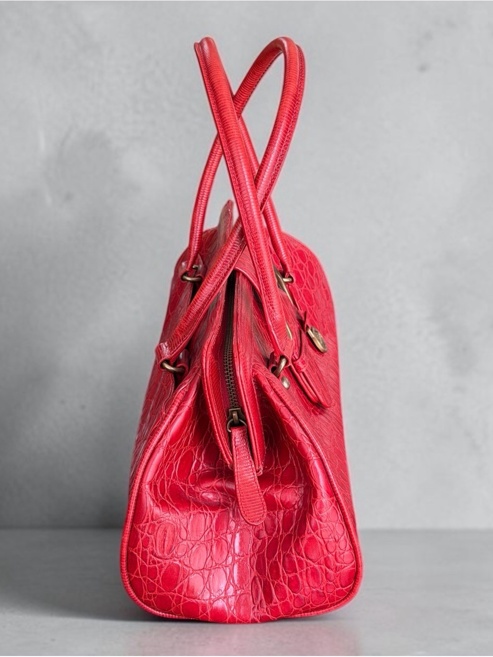 Vintage Brahmin Prissy Collection Vivian Satchel Red Croc Italian Leather Bag - Picture 7 of 15